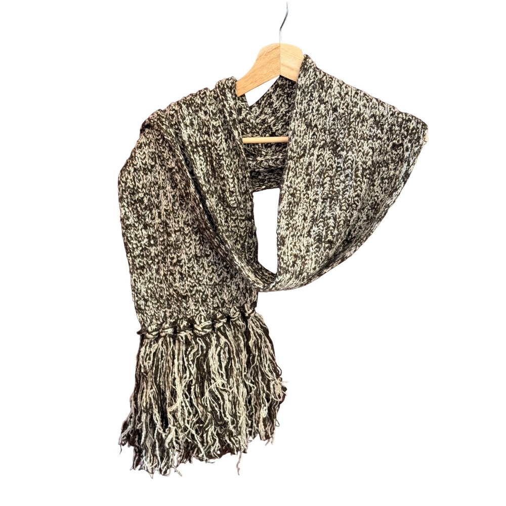 Vintage Bayer Knit Scarf Mohair Dralon Chunky Fringe Earthy Boho Grannycore